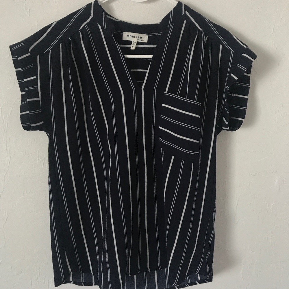 Blue and white striped V-neck